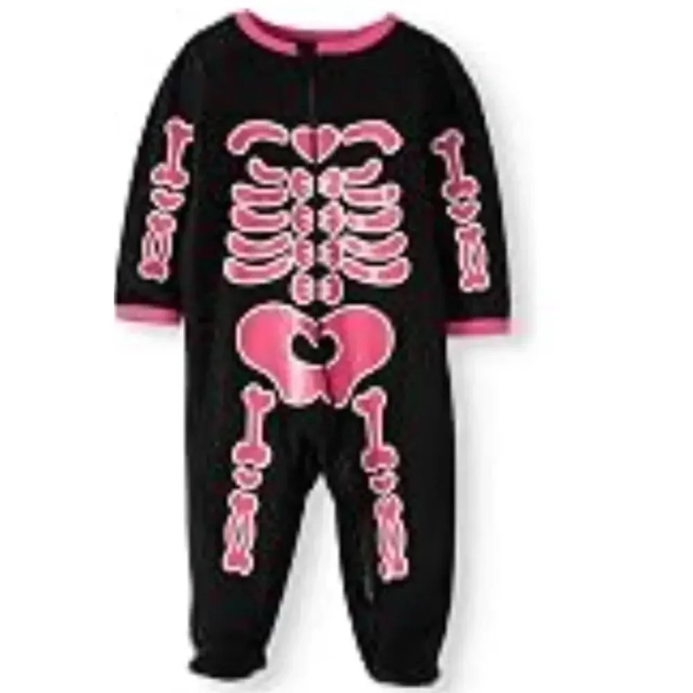 Baby Girls Pink Black Halloween Skeleton 1 Piece Sleeper Footed 0-3 Months New